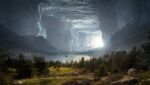 natural scene with trees, a lake and a boat leading to a fantastical cave opening filled with light