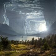 natural scene with trees, a lake and a boat leading to a fantastical cave opening filled with light
