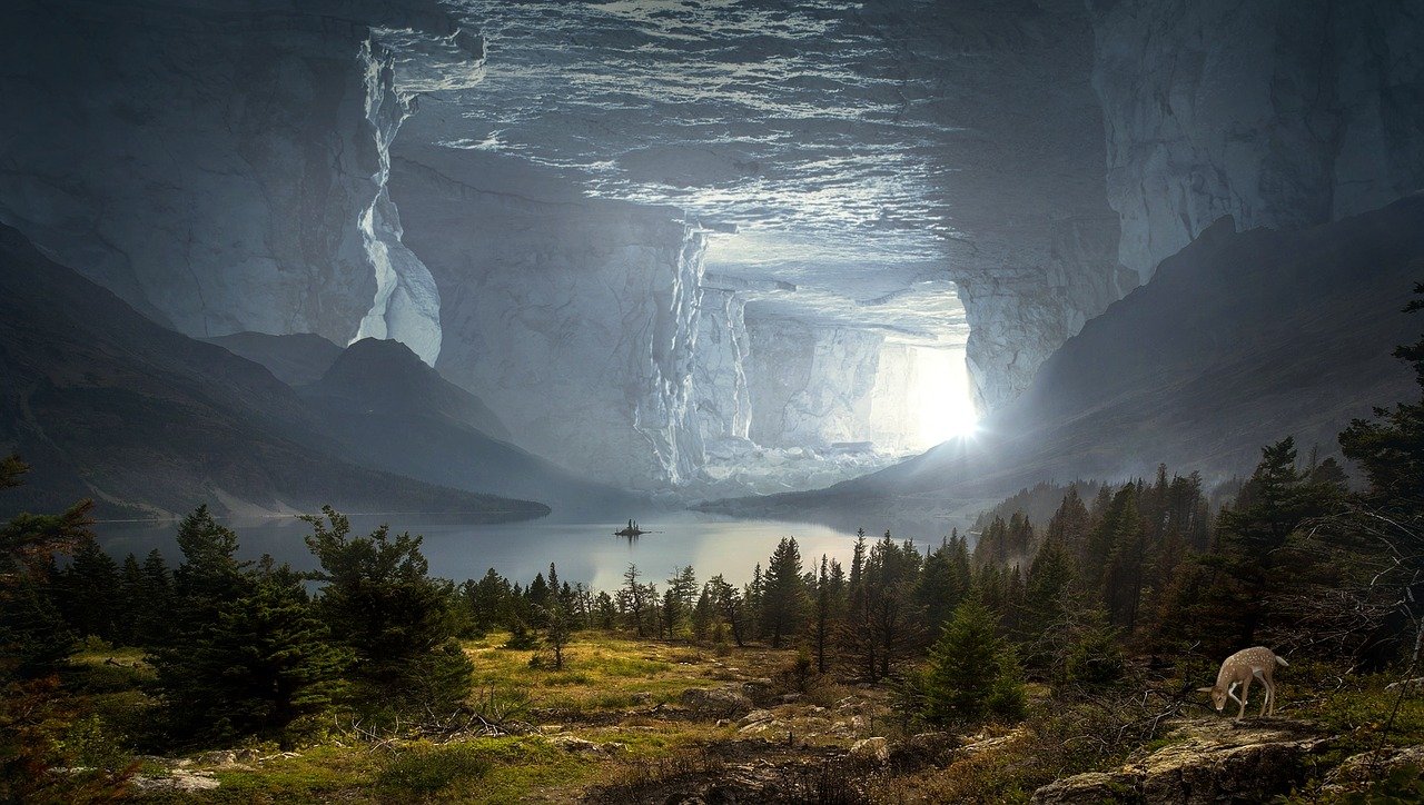 natural scene with trees, a lake and a boat leading to a fantastical cave opening filled with light