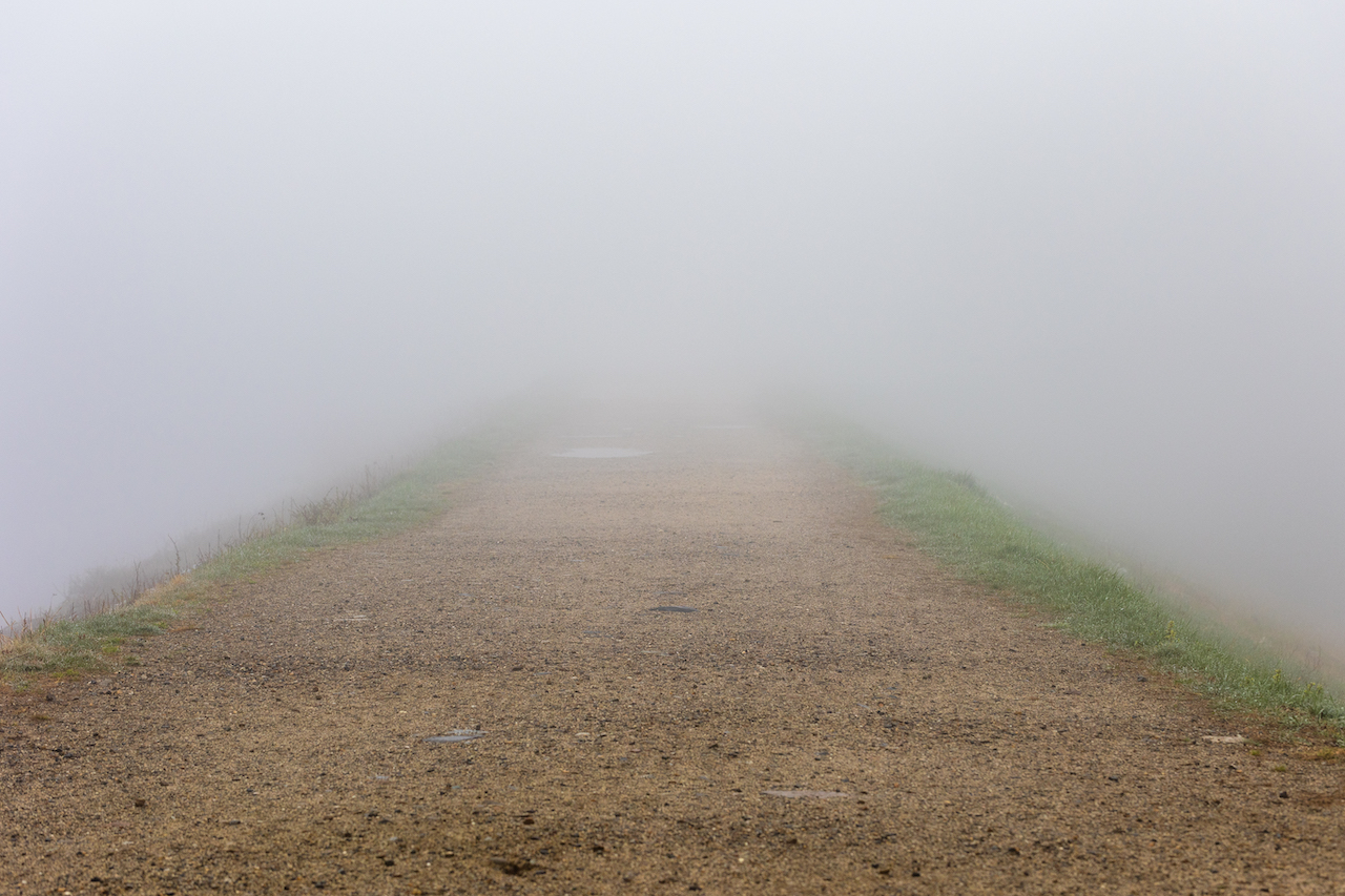 fog obscuring a dirt trail with grass on both sides