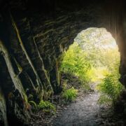rock tunnel or cave opening to sunlight and grassy space