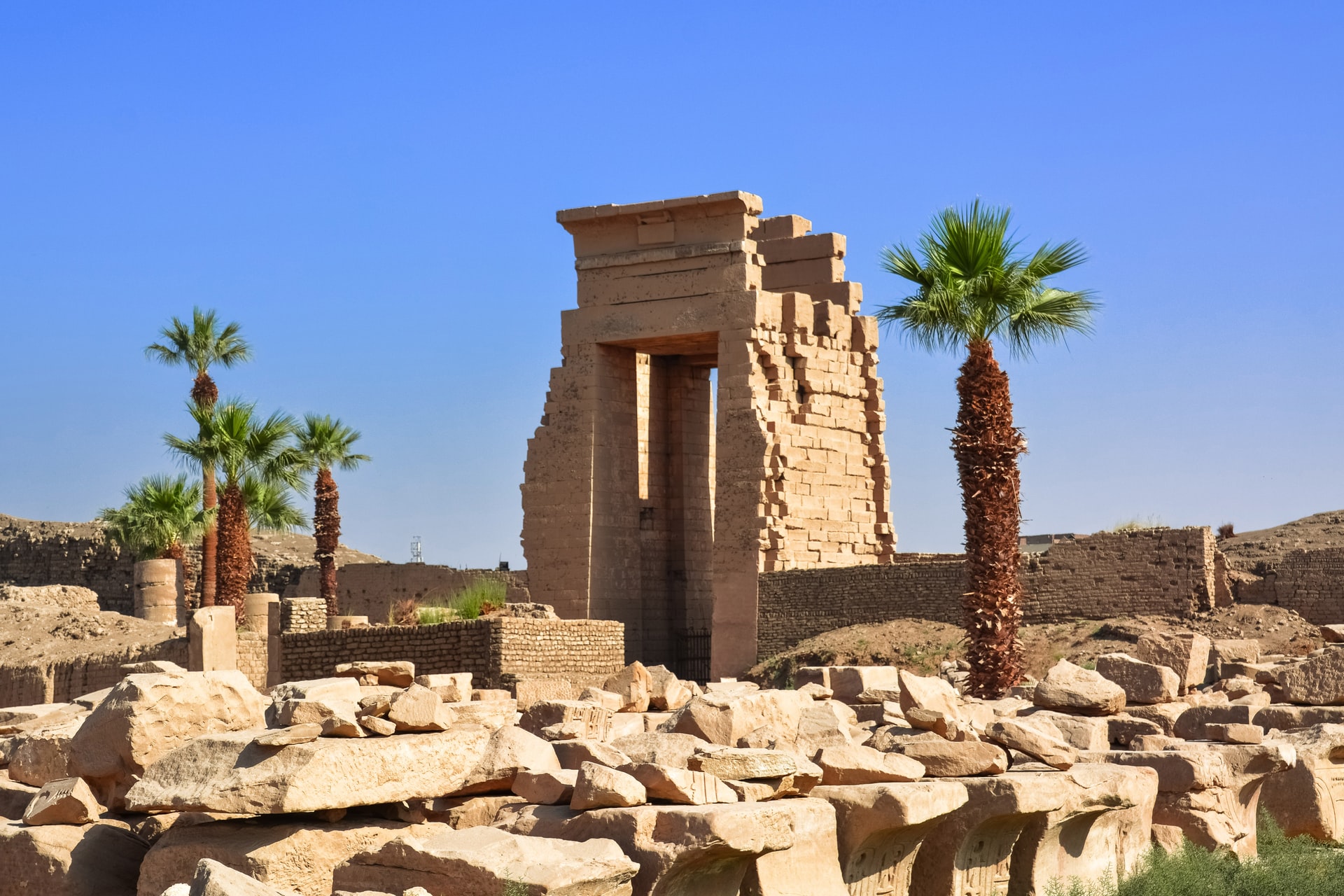 Ruins in a desert with palm trees