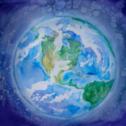 Watercolor painting of planet earth from space. Soft blues and greens.