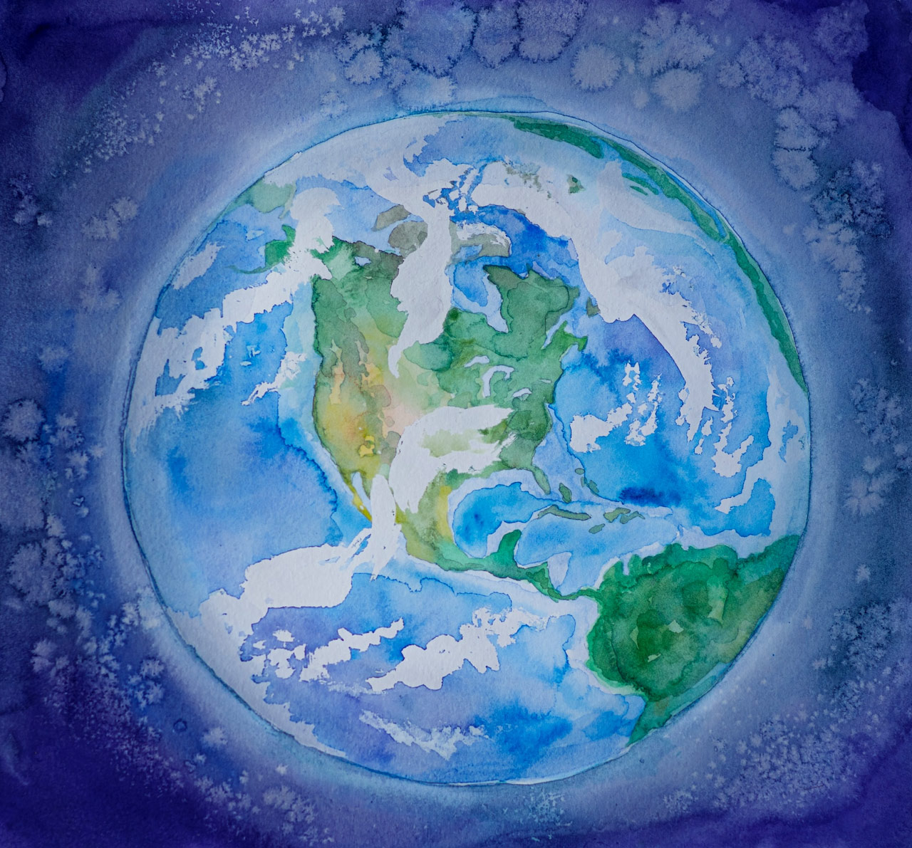 Watercolor painting of planet earth from space. Soft blues and greens.