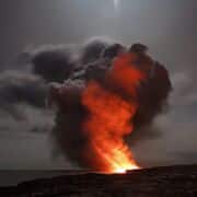 Lava spewing from a volcano with fire and black smoke