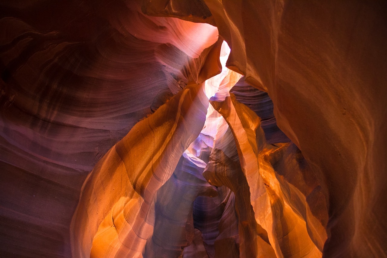 Red rock canyon in Arizona, United States with opening and light coming through