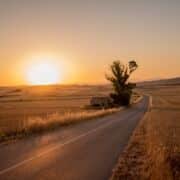A road with a setting sun on an open plain