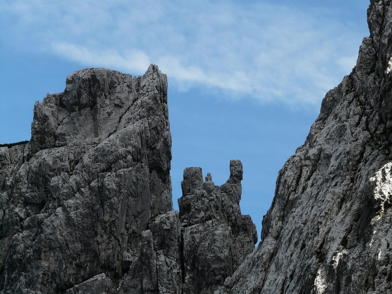 jaggedHanspixabay Very jagged and steep gray rocks against a blue sky