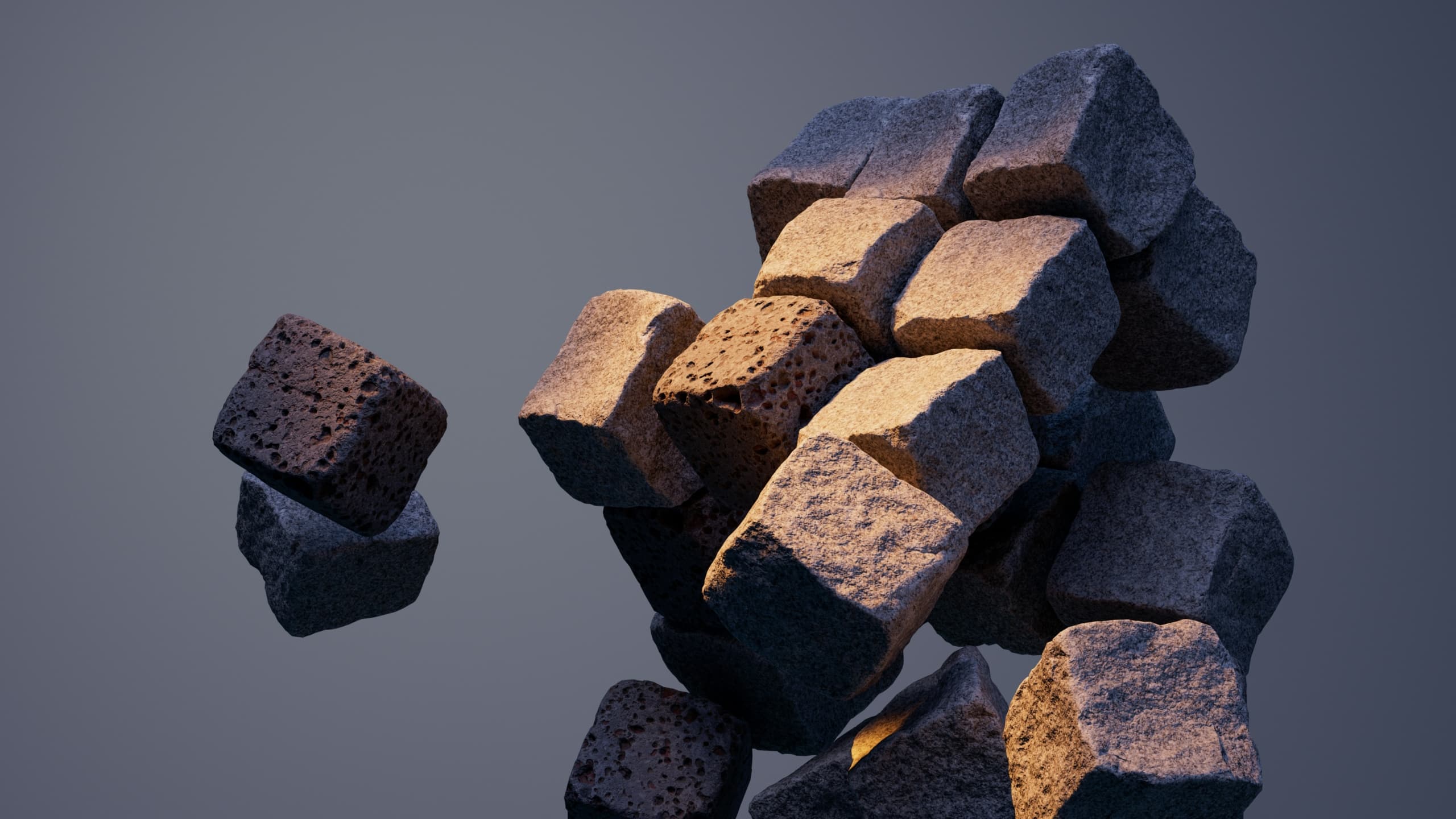 A group of rocks falling in the air.