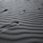 Footsteps in rippling sand in grey tones.